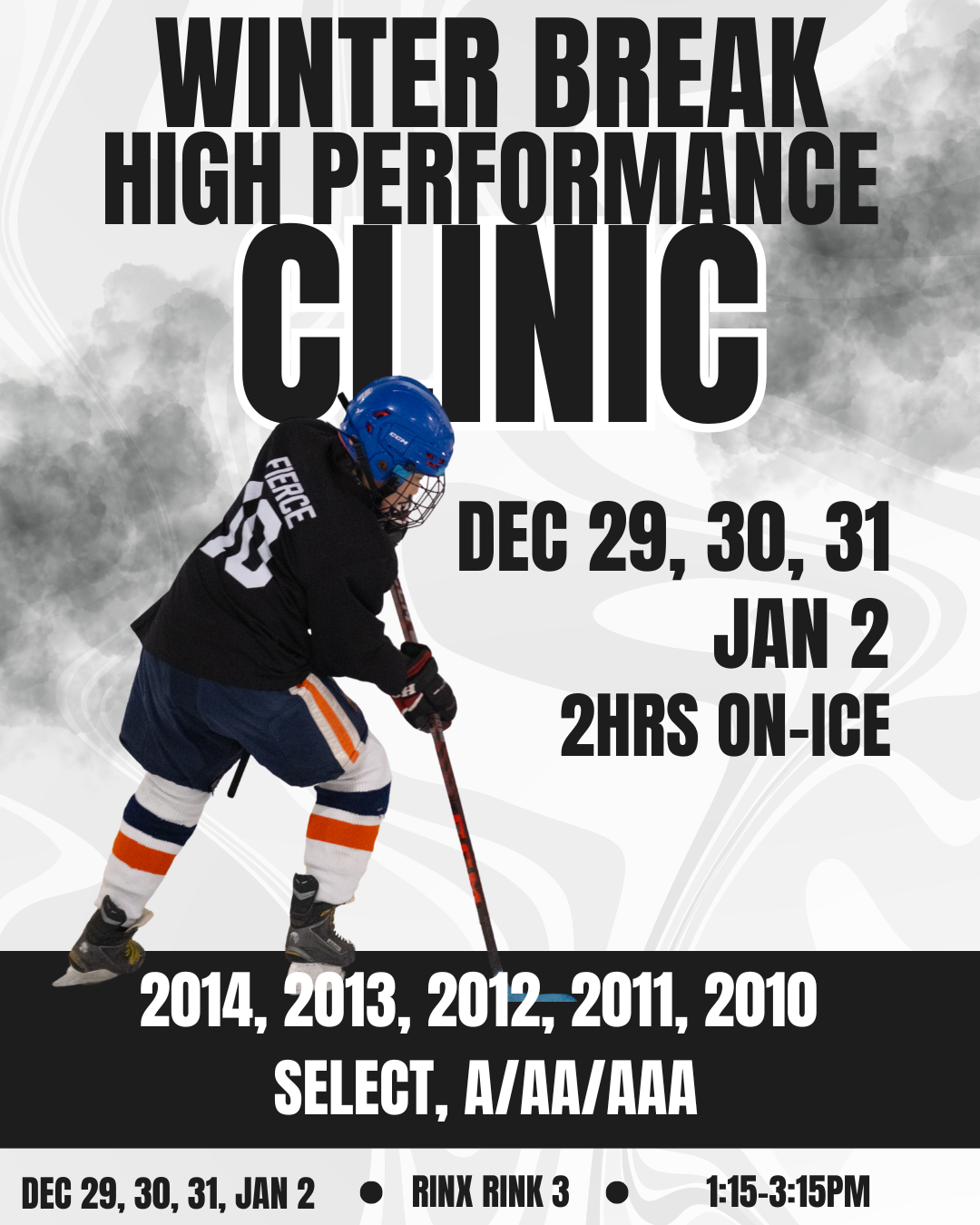 WINTER BREAK CLINIC 2hrs on-ice (Dec 29, 30, 31, Jan 2)2014, 2013, 2012, 2011, 2010 select, A/AA/AAA